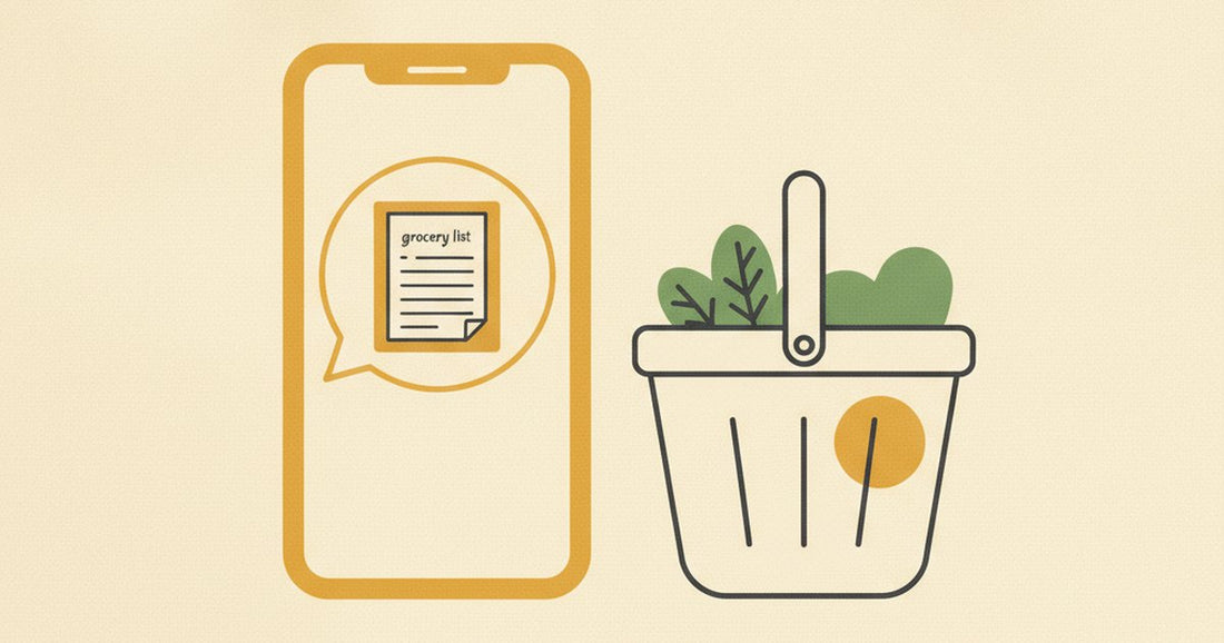 Flat illustration of a phone with a grocery list in a chat bubble, next to a basket, in Pantry2Door's brand colors