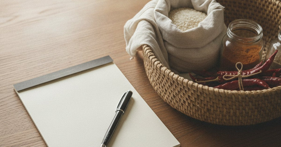 A blank notepad and pen beside a woven basket of pantry staples on a warm wooden kitchen counter