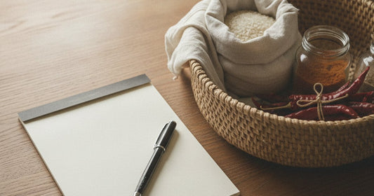 A blank notepad and pen beside a woven basket of pantry staples on a warm wooden kitchen counter