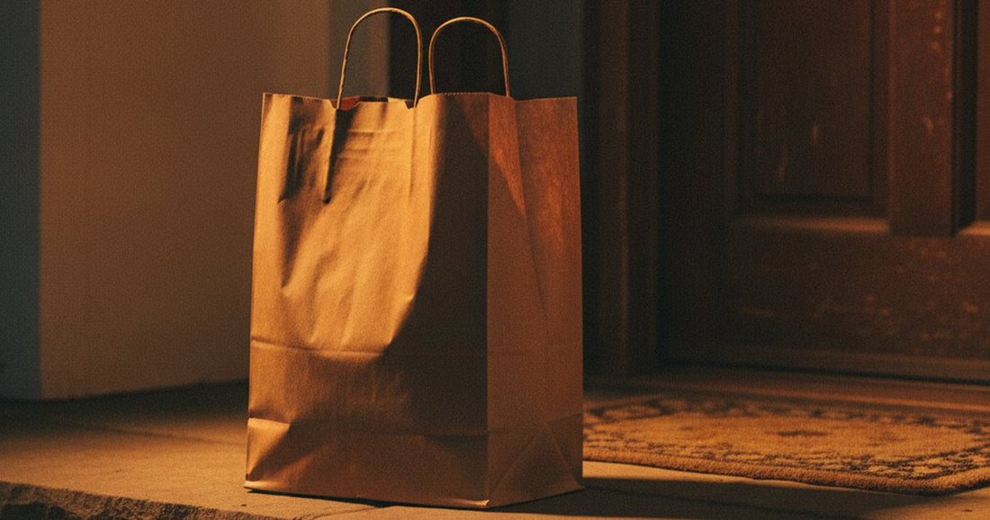 A packed grocery bag on a doorstep at dusk, warm porch light