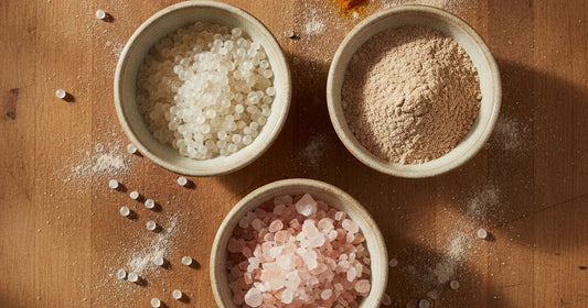 A wooden bowl of sabudana pearls beside kuttu flour and rock salt on a warm kitchen counter