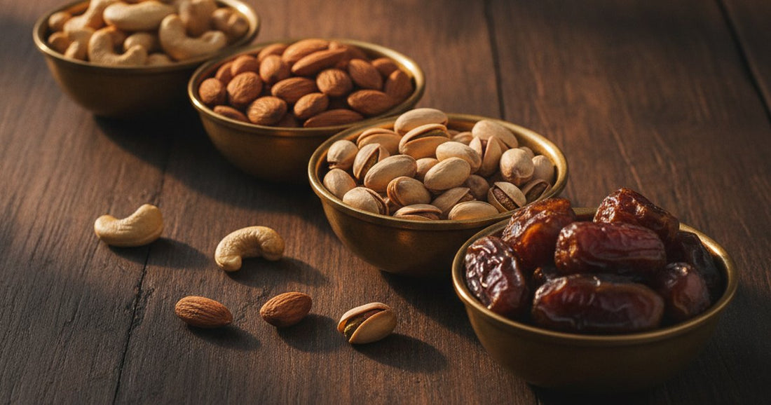 Cashews, almonds, pistachios, and dates in small brass-toned bowls on a dark wooden table