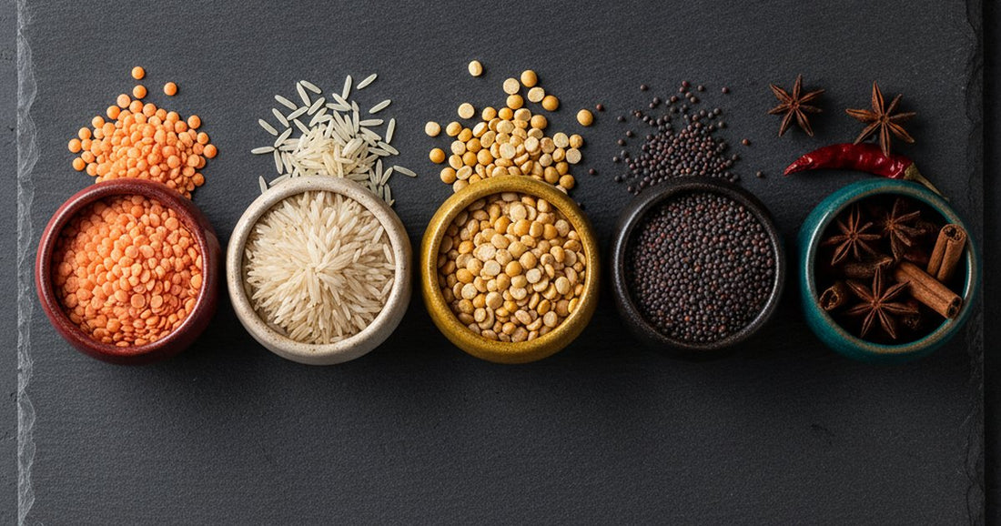 An array of dried lentils, rice, and whole spices in small bowls, arranged by color on a dark surface